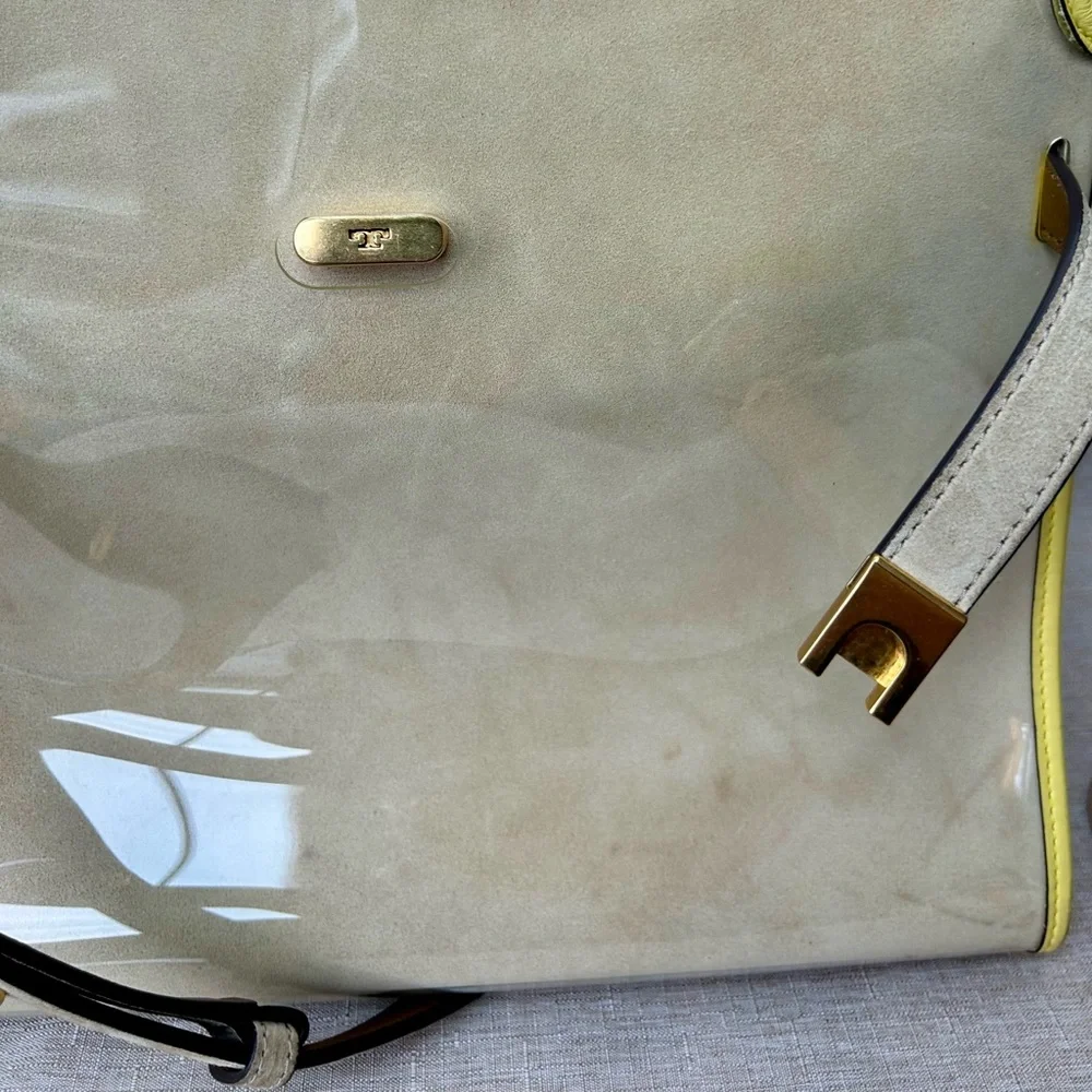 Tory Burch Large Lee Radziwill Beige and Yellow Patent Raincoat Satchel